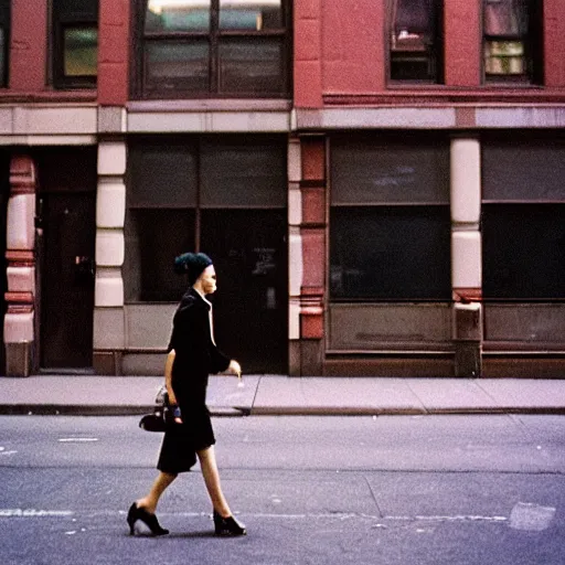 Prompt: medium format film candid portrait of a walking woman in new york by street photographer from the 1 9 6 0 s, woman hasselblad film portrait featured on unsplash, expired colour film,