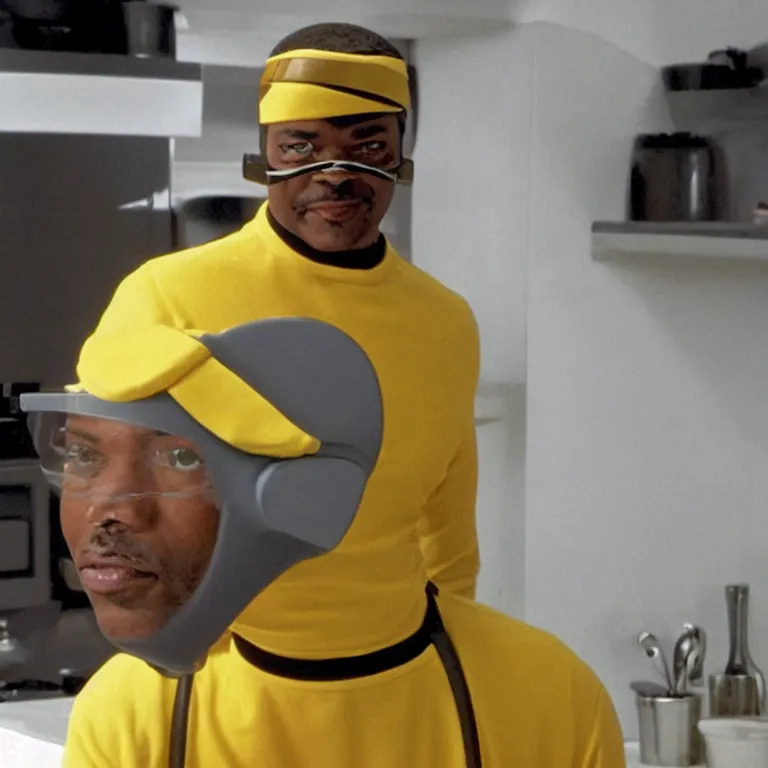 Image similar to geordi laforge wearing visor and a colander and random kitchen tools on his head
