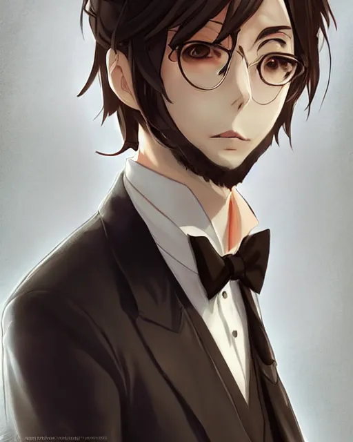 Image similar to an anime portrait of doctor bob as a beautiful man wearing a tuxedo from skyrim, by stanley artgerm lau, wlop, rossdraws, james jean, andrei riabovitchev, marc simonetti, and sakimichan, trending on artstation