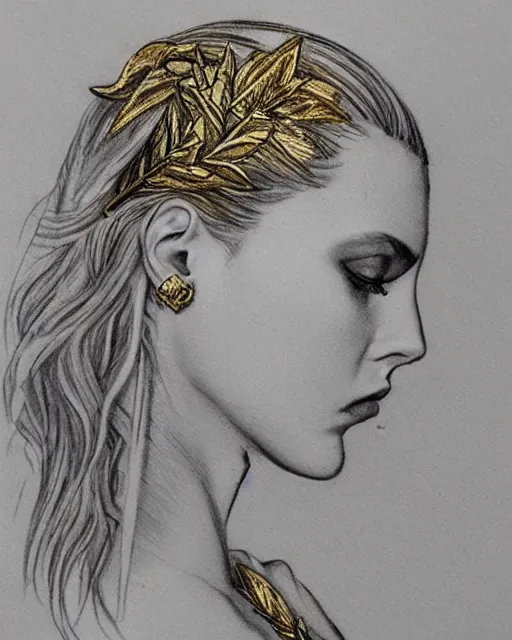 Image similar to tattoo sketch of beautiful super model aphrodite greek goddess wearing a gold laurel wreath and triangle earrings, beautiful piercing gaze with sharp pupils, beautiful blonde hair, in the style of greg rutkowski, fantasy, amazing detail, epic, elegant, smooth, sharp focus, front view