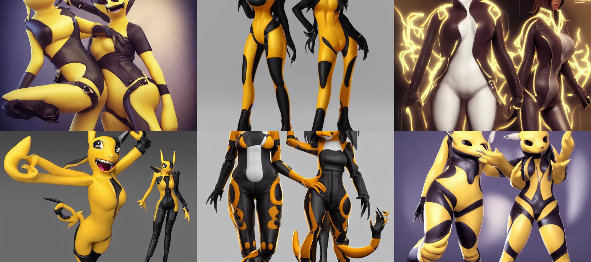 Prompt: anthropomorphic renamon woman with synthetic fur wearing leather jacket with hands on hips detailed 3d rendered art, artstation artgerm endling