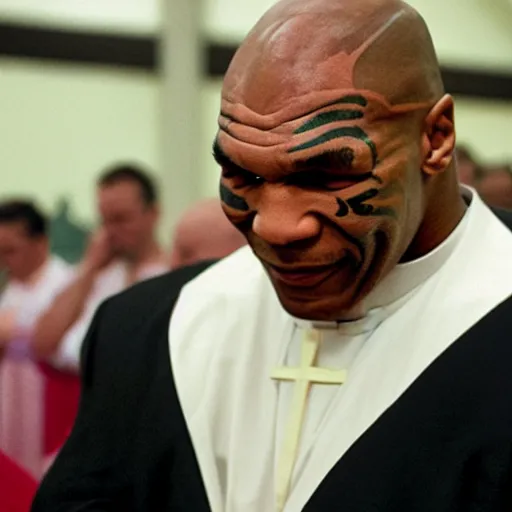 Image similar to Mike Tyson as a catholic priest praying over his congregation