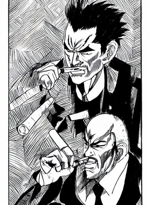 Prompt: heihachi mishima dressed formally, smoking a cigar, drawn in the style of keisuke itagaki, manga illustration, tekken