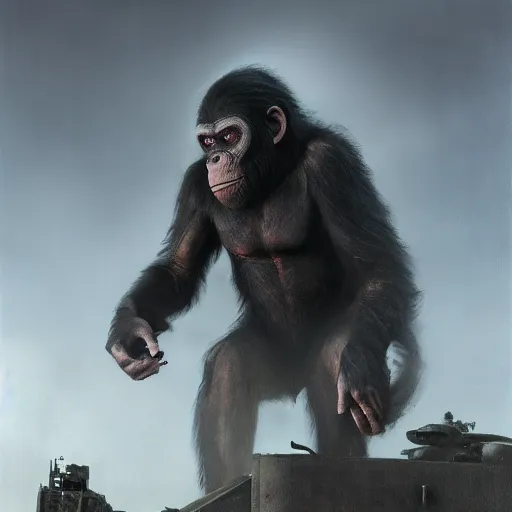 Image similar to evil ape from planet of the apes, blind in one eye!, covered in scars!, sitting on top of a tank, hero character art, scars, by chris leib and greg rutkowski in a dark fantasy style, oil on canvas, volumetric lighting, 8k, hd.