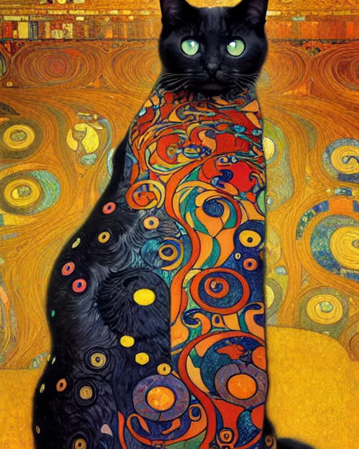 Image similar to cat portrait an oil painting splashes with many colors and shapes by gustav klimt greg rutkowski and alphonse mucha, polycount, generative art, psychedelic, fractalism, glitch art