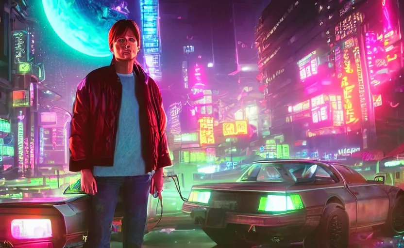 Image similar to portrait of Marty McFly in a cyberpunk neo-tokyo city, beautiful trippy moon, artstation hq, unreal engine, bright glowing colorful crystals, lush ferns, glowing moss, digital art, high quality