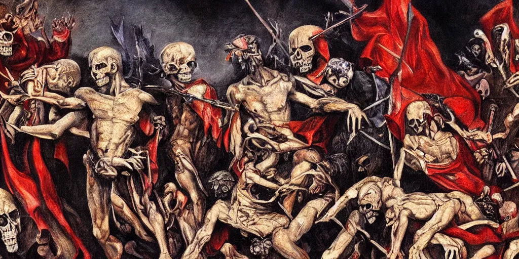 Image similar to dante's inferno painting, with biden trump obama united states of america, illuminati symbol, flag, crows, skeletons, crosses, jesus, dark beauty, rotten gold, perfect faces, extremely detailed, cinema 4 d, unreal engine.