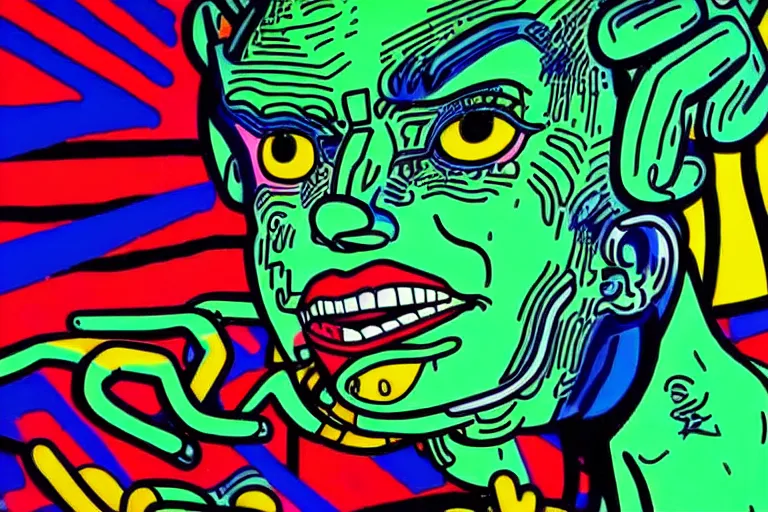 Image similar to pop art of a giant cyberpunk demon god, bright neon colors, intricate details, complementary colors, detailed face, backlighting, octane render, depth of field, extremely detailed, trending in artstation, focus on face, sharp focus, radiant light, beautiful composition, drawn by roy lichtenstein, keith haring, romero britto