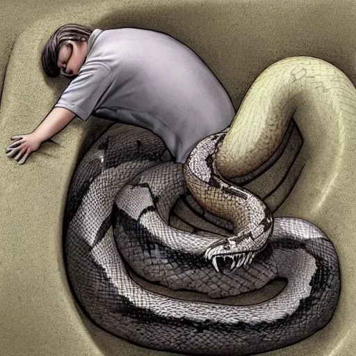 Image similar to huge snake in the grave squeezing a body, realistic