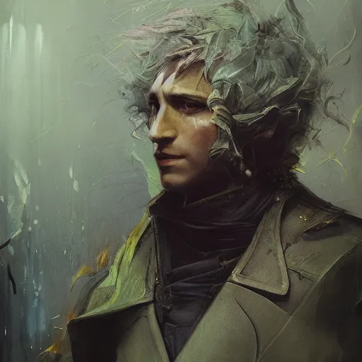 Image similar to !dream Infernopunk Spike Spiegel Magician Portrait portrait portrait Dungeon Exterior Man TheWitcher3WildHunt TheElderScrollsOblivion Cover Art Face Head Eyes Snack Warlock Wearing Flame Vest Ismail Inceoglu Arnold Bocklin Jakub Rebelka dug stanat Anime Brushstrokes Oil Painting Impasto