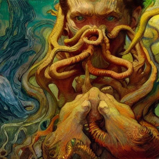 Prompt: hyper realistic oil painting of cthulhu mythos by van gogh, mucha, gaston bussiere, craig mullins, j. c. leyendecker, 8 k, high definition, realism, details