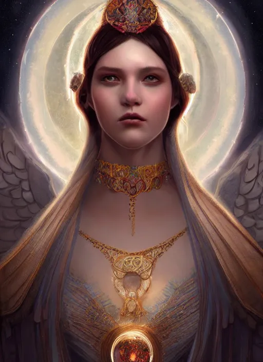 Image similar to A beautiful digital painting of a female Seraphim full of jewels, princess, the moon behind her, intricate, cinematic lighting, highly detailed, digital painting, Artstation, concept art, smooth, sharp focus, illustration, art by Tom Bagshaw, Artgerm and Greg Rutkowski