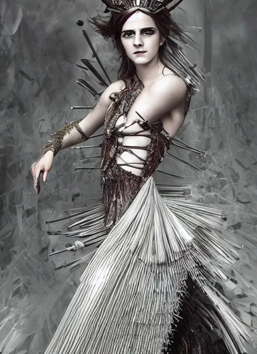 Image similar to expressive full body photo of a emma watson, headpiece made from knives, dress made of swords, glamour shot, by karol bak, by stefan gesell, photorealistic, canon r 3, fashion photography, hyper maximalist, elegant, ornate, luxury, elite, environmental portrait, symmetrical features, octane render, unreal engine, solid dark grey background, dramatic lights