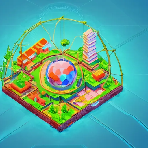 Image similar to isometric half sphere island on neon background, isometric invironment, 3d art, isometric art, high detail, artstation, concept art, behance, ray tracing, smooth, sharp focus, ethereal lighting