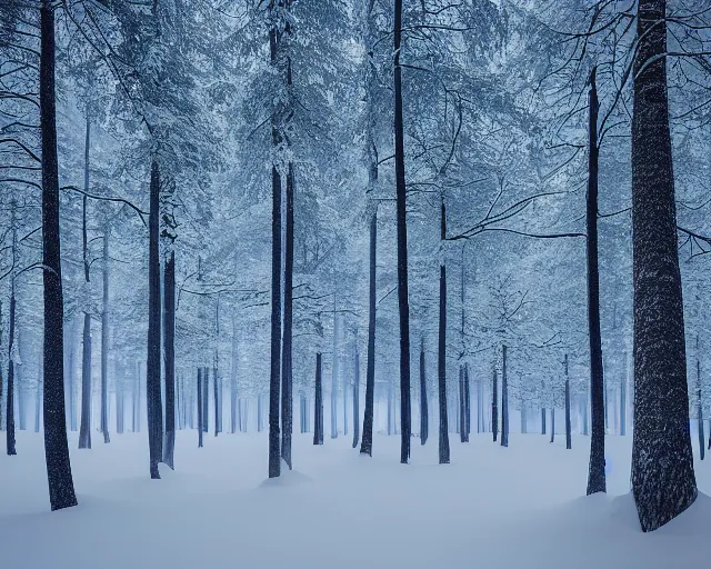 Image similar to a forest filled with lots of snow covered trees at dark blue night, a matte painting by konstantinas ciurlionis, featured on unsplash, tonalism, photo taken with ektachrome, high dynamic range, photo taken with provia