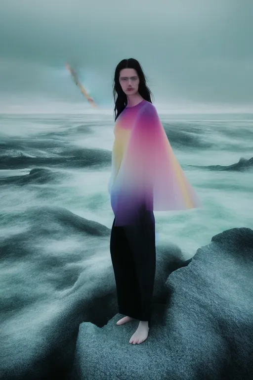 Image similar to high quality pastel coloured film close up wide angle photograph of a model wearing clothing swimming on cloud furniture in a icelandic black rock!! environment in a partially haze filled dreamstate world. three point light, rainbow. photographic production. art directed. pastel colours. volumetric clouds. pastel gradient overlay. waves glitch artefacts. extreme facial clarity. 8 k. filmic.