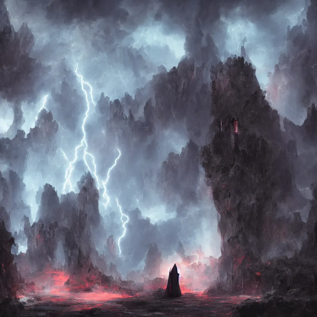 Image similar to a still of a cloaked figure standing in the ruins of crux prime, monastery, there is lightning, blue fiery maelstrom in the distance, it is raining, digital art, artstationhq