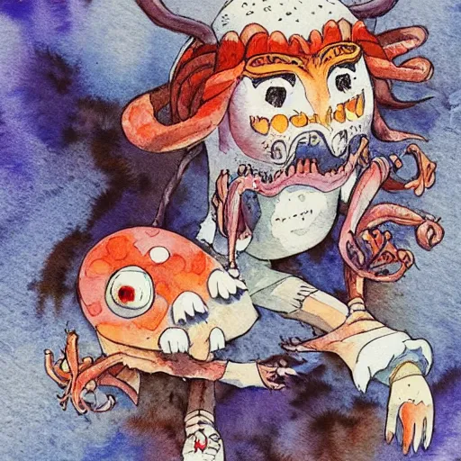 Image similar to detailed whimsical silly watercolor painting of a terrifying demon, in the style of studio ghibli