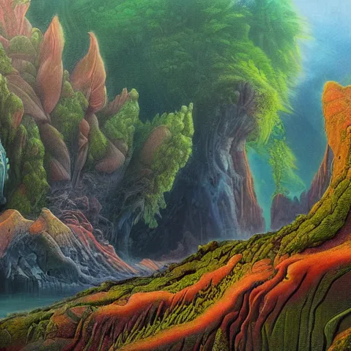 Image similar to digital painting of a lush natural scene on an alien planet by gerald brom. digital render. detailed. beautiful landscape. colourful weird vegetation. cliffs and water.