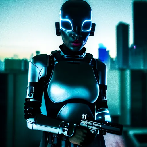 Image similar to cinestill 5 0 d candid photographic portrait of a techwear woman holding a gun on the rooftop of a futuristic city at night, closeup, modern cyberpunk moody emotional cinematic, clear skies, 8 k, hd, high resolution, 3 5 mm, f / 3 2, ultra realistic faces, ex machina