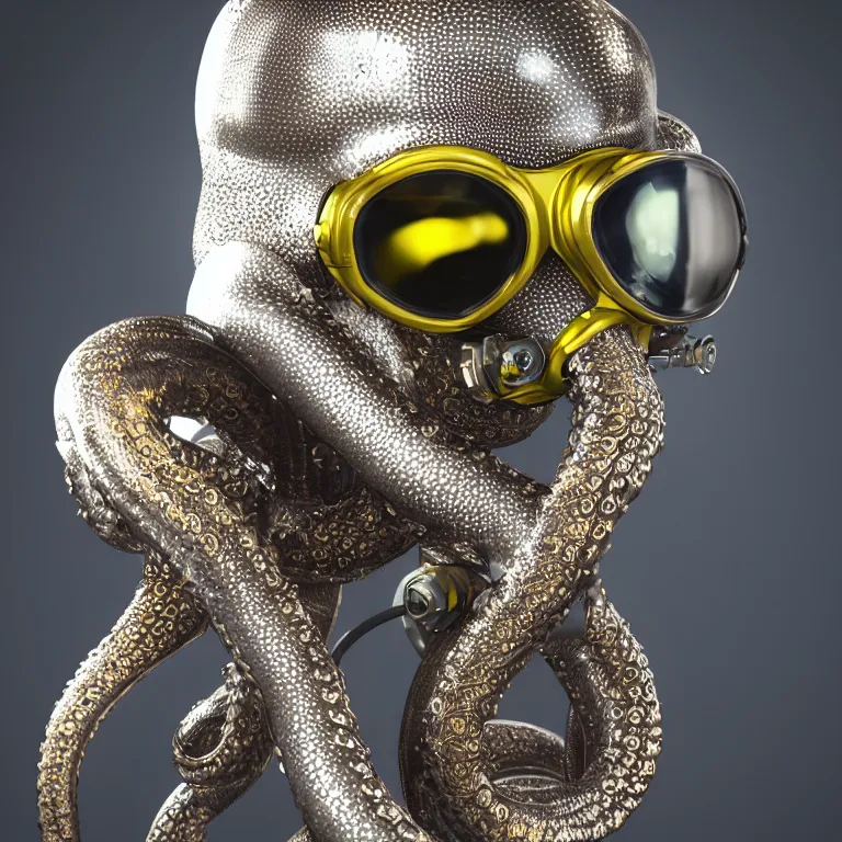 Image similar to octane render portrait by wayne barlow and carlo crivelli and glenn fabry, subject is a futuristic scuba diver with a shiny reflective silver metal helmet with colorful reflective goggles and covered in black ribbed rubber hoses, wrapped up in and completely covered by giant long shiny reflective golden octopus tentacles, cinema 4 d, ray traced lighting, very short depth of field, bokeh