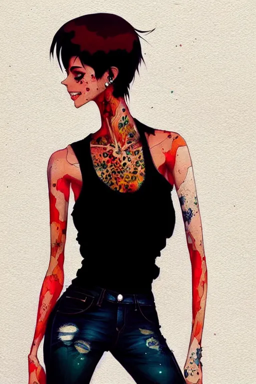 Image similar to a ultradetailed beautiful full body painting of a stylish woman with short hair, she is wearing a black tank top and jeans, by conrad roset, greg rutkowski and makoto shinkai trending on artstation