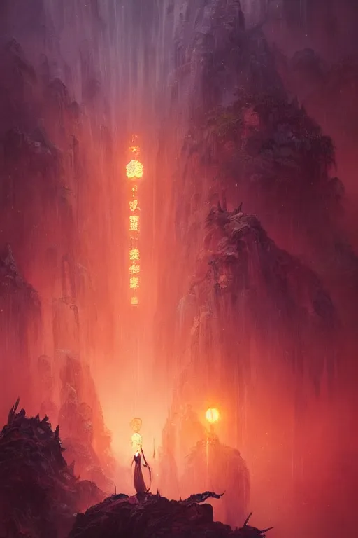 Prompt: Japanese kwaidan, illustrated by Greg Rutkowski and Gaston Bussiere, 35mm lens, beautiful macro close-up imagery, vibrantly lush neon lighting, beautiful volumetric-lighting-style atmosphere, a futuristic atmosphere, intricate, detailed, photorealistic imagery, trending on artstation, 4k, 8k