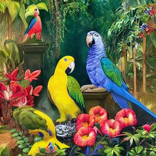 Prompt: “a garden filled with parrots, exotic flowers and forest nymphs. Painting by Rutkowski. 4K, trending on Art station.” W-768