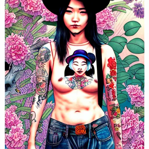 Image similar to full view of taiwanese girl with tattoos, wearing a cowboy hat, style of yoshii chie and hikari shimoda and martine johanna and will eisner, highly detailed