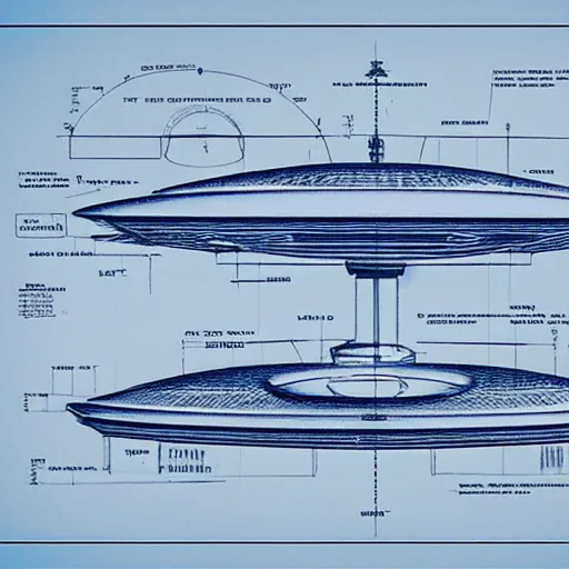 Image similar to a detailed blueprint of an advanced UFO spacecraft, blue lines, high contrast