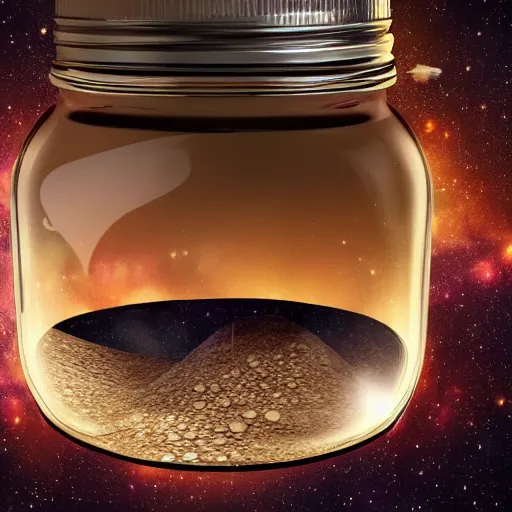 Prompt: A whole universe trying to scape from a jar, photorealistic, 8k,
