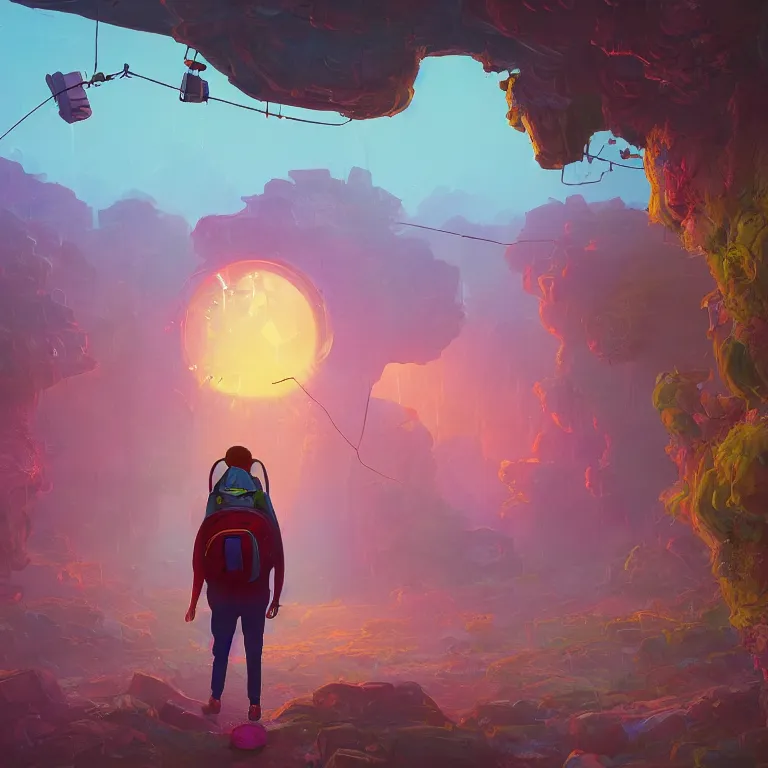 Prompt: A man wearing a backpack, looking through a portal, a vibrant world through the portal, Detailed digital matte painting in the style of simon stalenhag, artstation, psychedelic