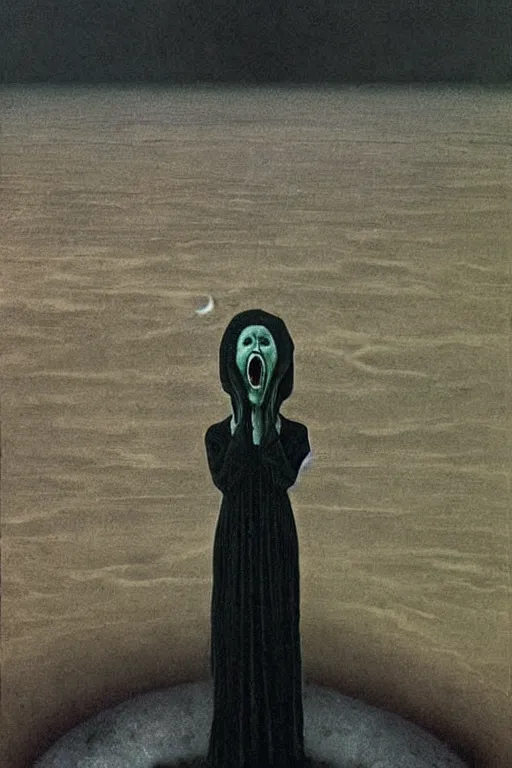 Image similar to the scream in the style of zdzislaw beksinski, gothic, surrealism, cosmic horror