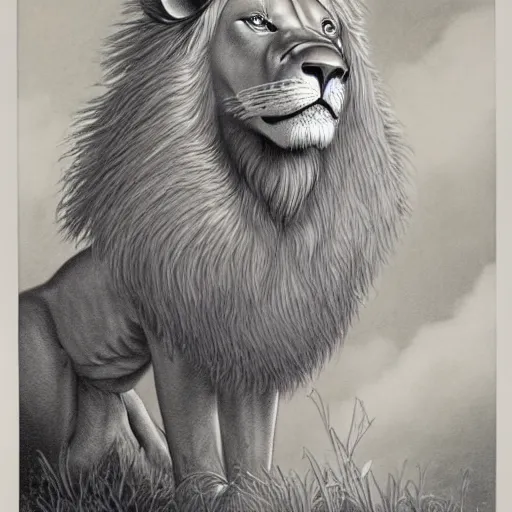 Image similar to an anthropomorphic lion by jim burns, james gurney, and david a. hardy