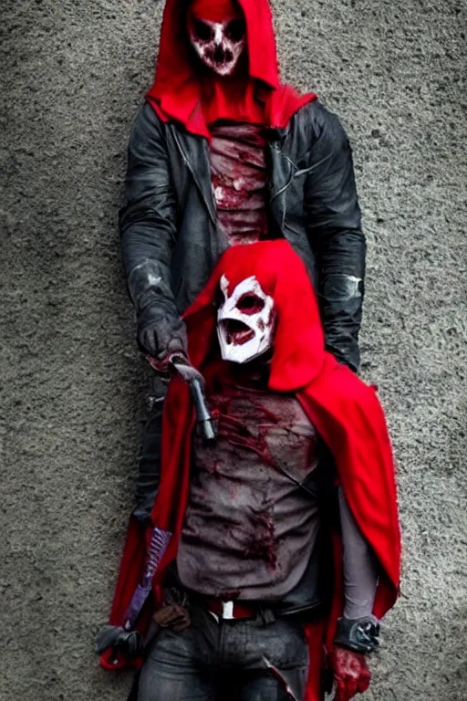 Image similar to red hood cosplay, creepy, disturbing, bloody, darkness, grainy