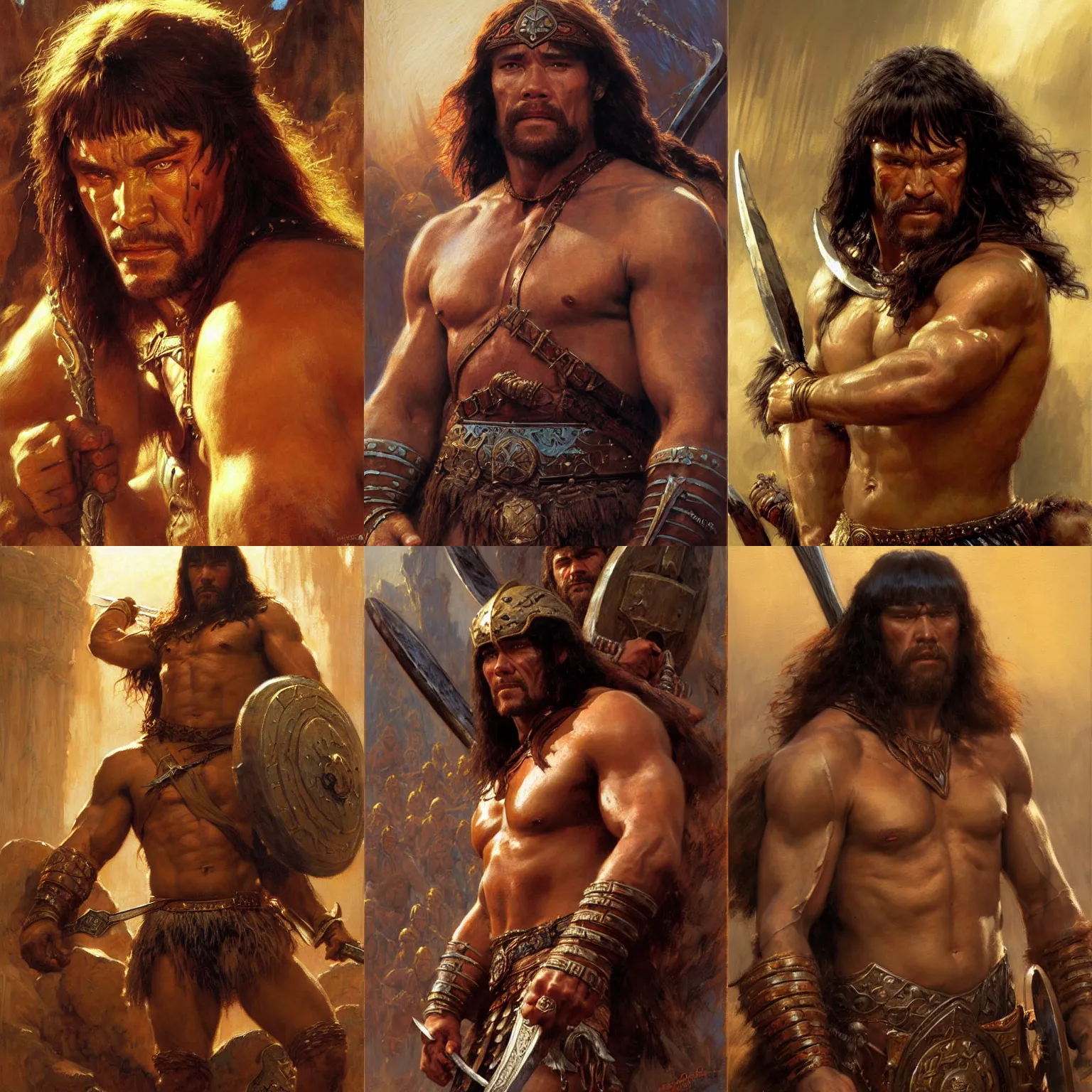 Prompt: portrait of conan the barbarian, highly detailed painting by gaston bussiere, craig mullins, j. c. leyendecker 8 k