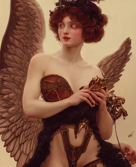 Image similar to a detailed hyperrealistic renaissance angel wearing an intricate leather garters set, honey birdette, realistic renaissance portrait, highly detailed, digital painting, artstation, concept art, smooth, sharp focus, illustration, cinematic lighting, art by artgerm and wlop and alphonse mucha and jacques louis david and john william godward