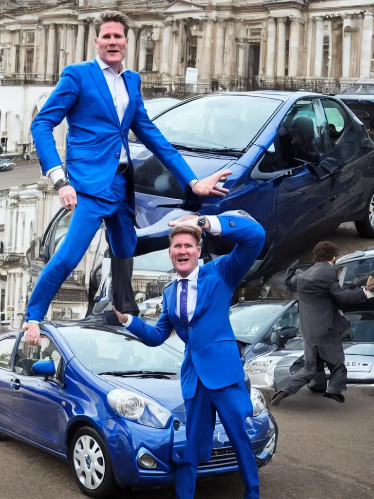 Image similar to Sir Kier Starmer wearing a blue suit jumping on top of a toyota yaris