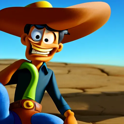 Image similar to Lucky Luke, depicted as a Pixar character, high quality CG render, 4K