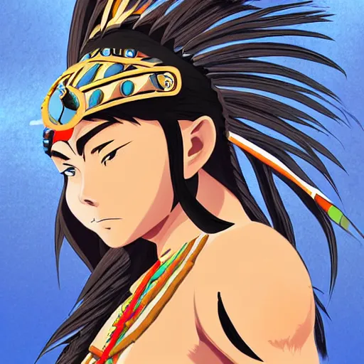 Prompt: Anime-style portrait of a fierce muscular Arikara warrior woman wearing tribal skins and a feathered headdress. She stands by a rocky cascading river. Noble bearing. Award winning Fantasy rpg character concept art by studio Ghibli and Audrey Kawasaki.