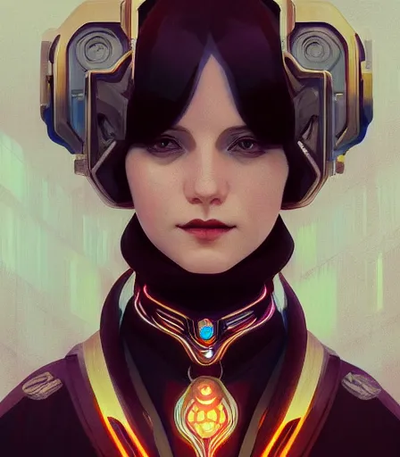 Image similar to portrait of a cyberpunk art deco woman who looks like Nezuko sci-fi, fantasy, intricate, elegant, highly detailed, digital painting, artstation, smooth, sharp focus, illustration, art by artgerm and greg rutkowski and alphonse mucha