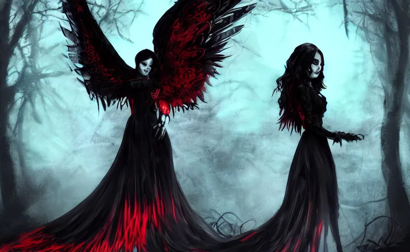 Image similar to Female dark angel in gothic red and black dress, their black wings are extended. She is in the bioluminescent forest. Fantasy and concept art, colorful digital painting , horror scene, highly detailded