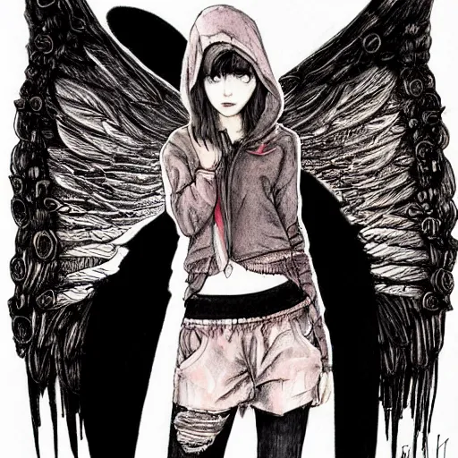 Image similar to portrait of a grungy girl, wearing a hoodie and sweatpants, symmetrical wings made of pizza, basic white background, symmetrical, watercolor, pen and ink, intricate line drawings, by Yoshitaka Amano, Ruan Jia, Kentaro Miura, Artgerm, detailed, trending on artstation, hd, masterpiece,