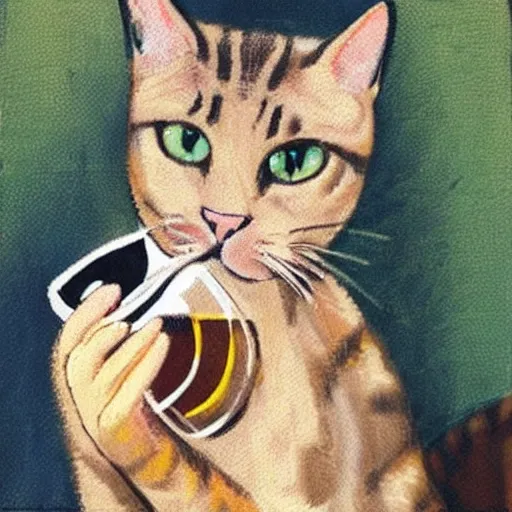 Prompt: cat drinking wine