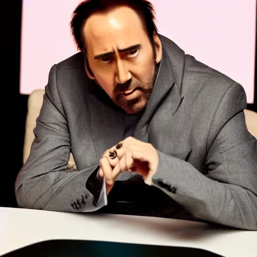 Image similar to nic cage viewing a minimalist logo for a dating app only for nic cage on christmas, corporate phone app icon