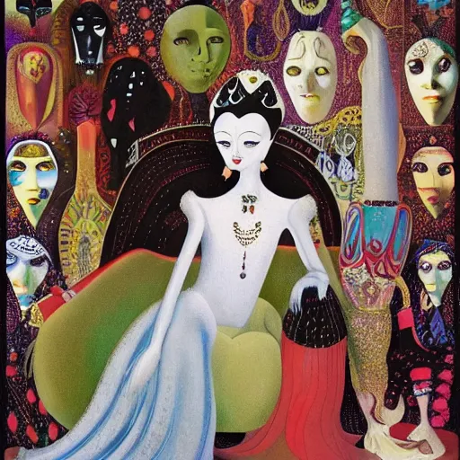 Prompt: a Hungarian portrait of a Queen, by Marcel Jankowicz, by Kay Nielsen, by Mary Blair, by Georgia o Keeffe, screenshot, fairy tale, dark fantasy