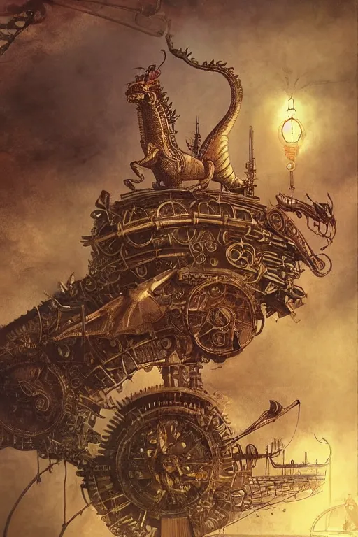 Image similar to illustration, old sick gold and crimsoned scaled asian style dragon on a steam punk plank of machinery with wires and gears and steam punk apparatus, matte painting, style of studio ghibli, concept art, featured in artstation and artgerm and pixiv, award winning, cinematic, 8 k