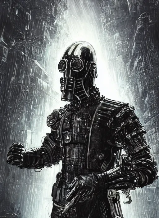 Prompt: An epic fantasy comic book style portrait painting of A genetically engineered super soldier, wearing black jagged armor and a metal gas mask, with sci fi futuristic lights and cybernetics. He is posing at the edge of a gothic building in a cyberpunk imperial russian city with white hot flames in his clawed leather gloved hands. It's a rainy night. Pale white male long curly blond hair. Unreal 5, DAZ, hyperrealistic, octane render, cosplay, RPG portrait, dynamic lighting