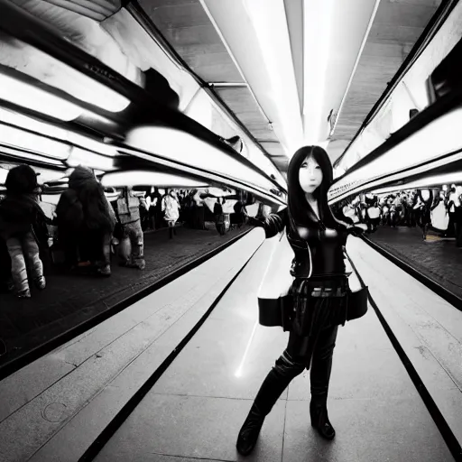 Prompt: wide angle photo of a girl in tight leather clothes holding a lightsaberin tokyo, night, street photography, award winning, neon