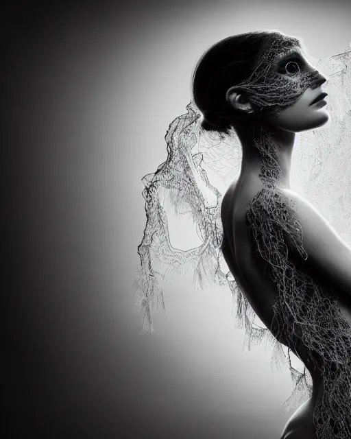 Image similar to surreal mythical dreamy dark artistic black and white fine art photo of a beautiful young female angel - mermaid - cyborg covered with translucent algae lace web, rim light, cinematic, studio dramatic light, poetic, octane render, 8 k, photo - realistic, by floria sigismondi